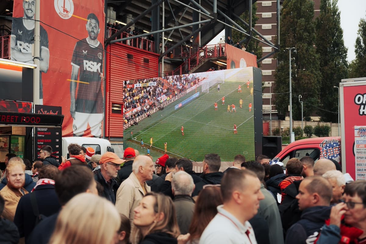 A bustling fanzone outside The Valley stadium